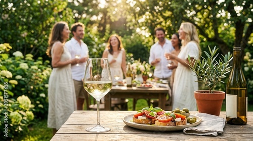 Casual backyard dinner party with white wine, appetizers, and friends enjoying a sunny summer day.