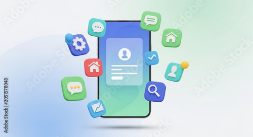 Modern Smartphone with Floating App Icons and User Interface.