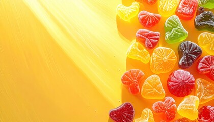 Brightly colored fruit-shaped gummies forming a cheerful border on a light yellow surface with sunlight.