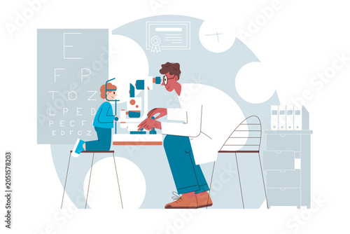 Child undergoing eye examination with slit lamp while  ophthalmologist evaluates eye health in medical office. Vision testing, ophthalmology, pediatric eye care, diagnosis, prevention, and healthcare 