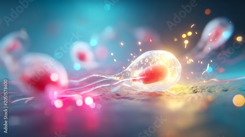 Highly Detailed View of Sperm Cells in Motion with Bright Bokeh Effect