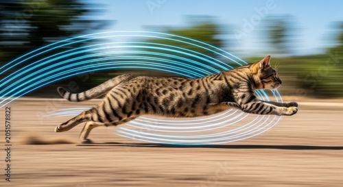 Fast Running Bengal Cat with Motion Speed Lines.