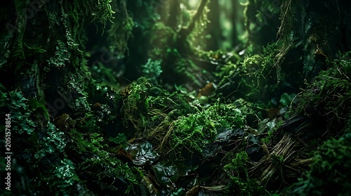 Dark and moody forest floor covered in vibrant green moss and decaying leaves, creating a mystical atmosphere.
