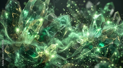 Magical emerald crystal formation with glowing particles and ethereal smoke.