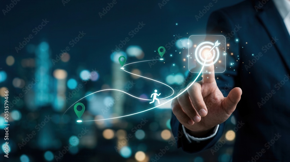 Fototapeta premium Concept of progress toward business goals featuring a running figure and a glowing target icon.