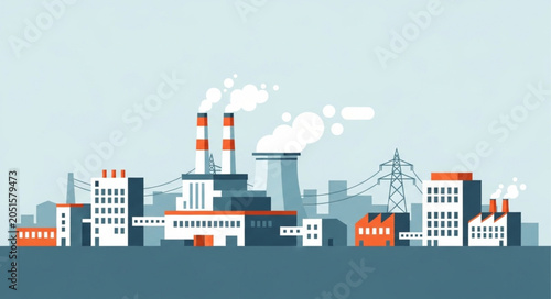 Industrial factory complex with smokestacks emitting smoke.