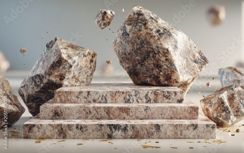 Colliding Rocks and Stone Platform with Dust and Debris in Motion