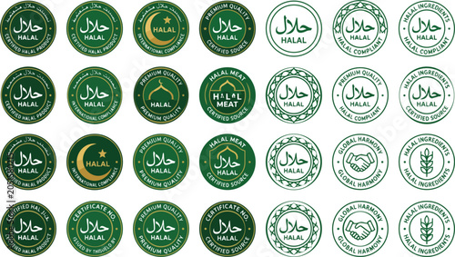Collection of diverse circular green halal certification stamps and labels illustrated on transparent background