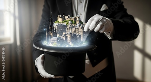 Magician holding a top hat with a miniature city emerging inside