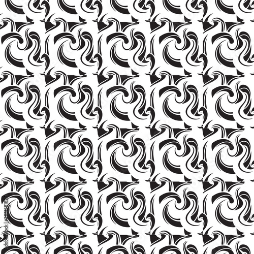Seamless abstract geometric swirl pattern with bold black and white waves, modern dynamic vortex tiles, optical illusion marbling background, and repeating fluid monochrome ornament texture