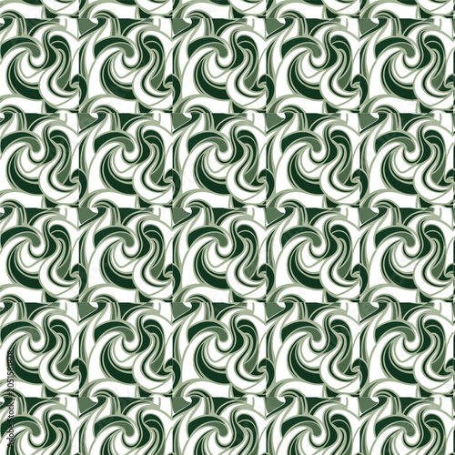 Seamless abstract geometric swirl pattern with elegant green and white waves, modern dynamic vortex tiles, optical illusion marbling background, and repeating fluid ornament texture