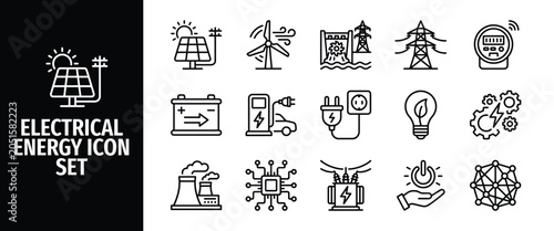 Fotografie Electrical energy icon set, power generation and distribution symbols, renewable