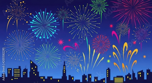 Colorful Fireworks Over City Skyline Background.