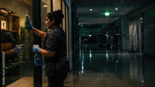 Woman cleaner working night shift by cleaning shop showcase window. Professional janitor performing maintenance task in commercial center after business hours. Hard labor night shift job.