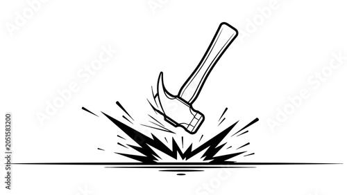 Foto Hammer hitting ground breaking surface with shattered pieces isolated white back
