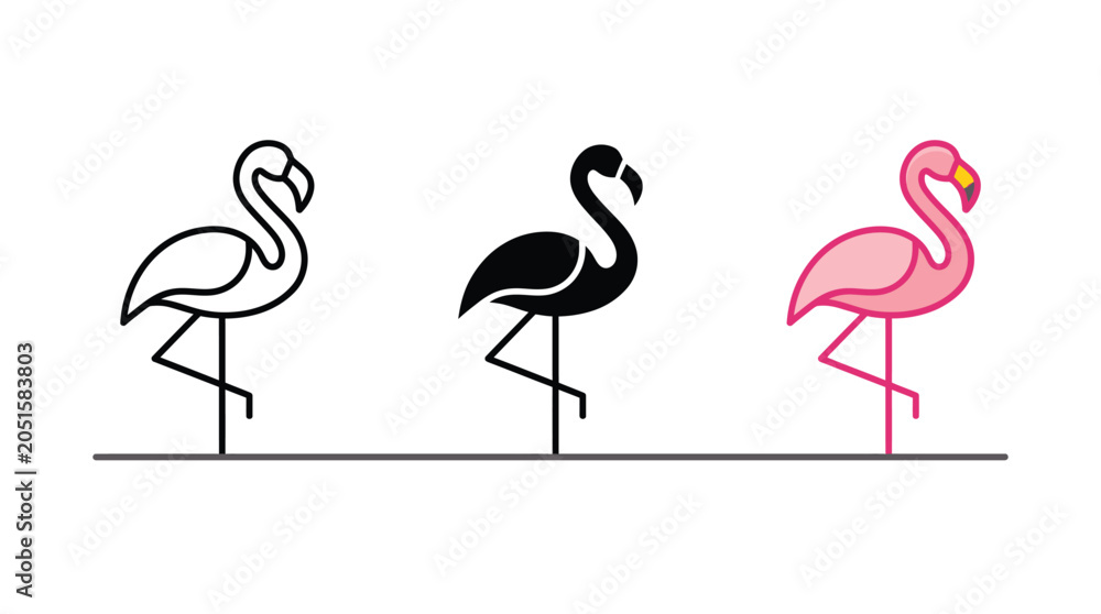 Fototapeta premium Three stylized flamingo vector graphic icons featuring outline silhouette and vibrant pink color design elements