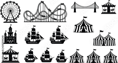 Collection of amusement park silhouettes including Ferris wheel, roller coaster, carousel, castle, sailing ships, circus tents, iconic fairground attractions – flat vector illustration