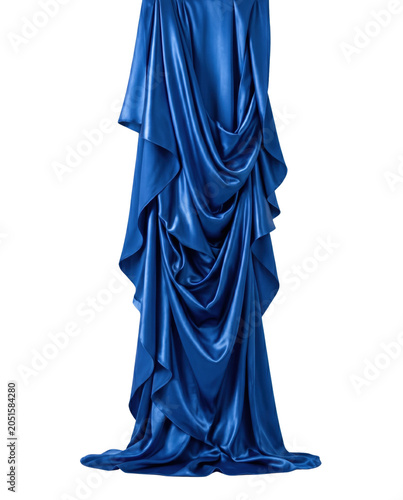 Obraz na plátně Elegant draped blue satin fabric curtain mockup isolated on transparent backgrou