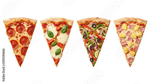 Obraz na plátně Delicious assorted freshly baked pizza slices set isolated on transparent backgr