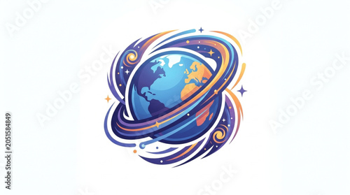 Φωτογραφία Stylized Earth Planet with Swirling Orbiting Rings.