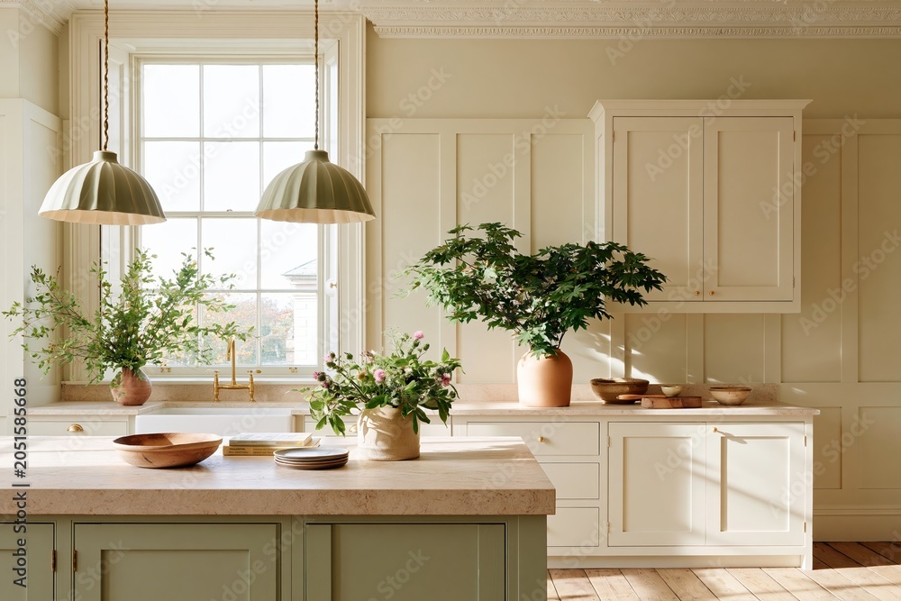 Fototapeta premium Modern kitchen with warm cream painted panelled walls, green cabinetry, pendant lights, and natural elements including plants and wooden bowls on a countertop
