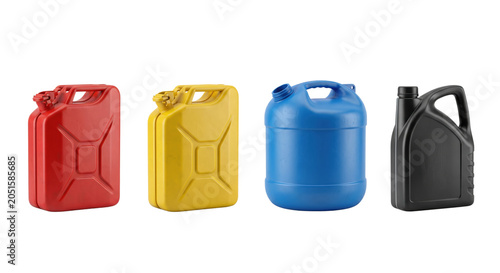 Foto Assorted industrial liquid and fuel canisters on transparent background