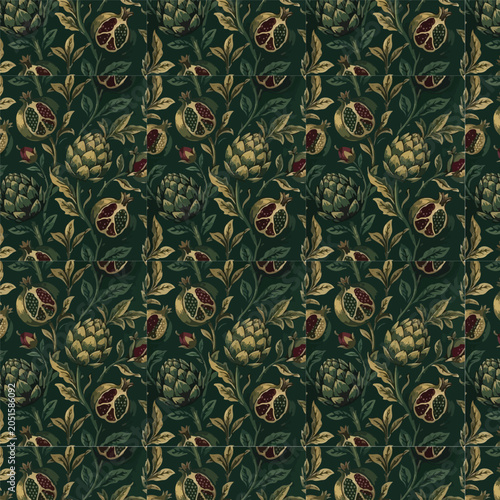Vintage Victorian Botanical Seamless Pattern with Pomegranates and Artichokes on Dark Green Background