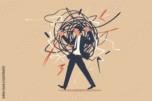 Stressed businessman in chaos symbolizes work pressure and loss of control. Captures the complexity and struggle within work life.