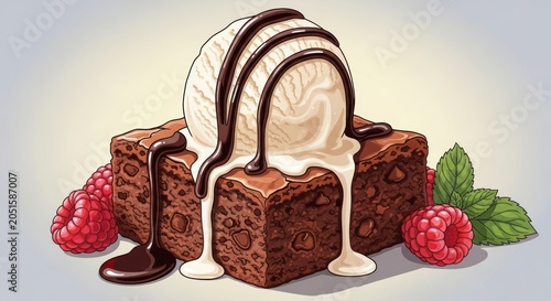 Chocolate Brownie with Ice Cream and Raspberries.
