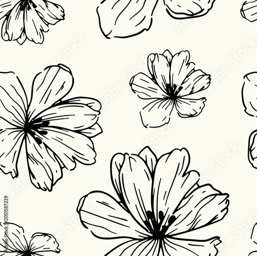 floral line clip art seamless pattern design, abstract botanical texture textile 
