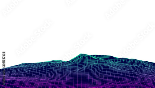 Retro neon teal and blue dark glowing wireframe hilly terrain on transparent background
