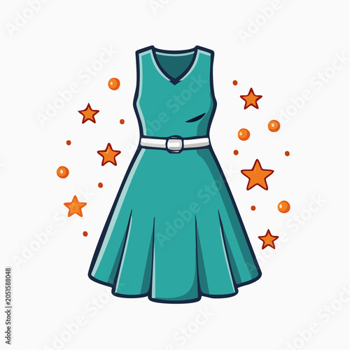 Teal Dress with White Belt and Stars Illustration
