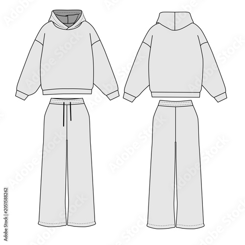 Gray tracksuit, vector illustration. Design template for a hoodie and baggy pants, front and back views. Sketch of a sweatshirt and joggers in a casual style.