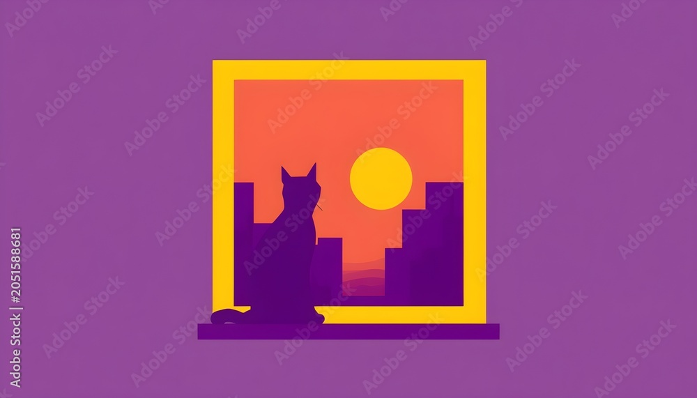 Fototapeta premium Silhouette of a cat against a red moon and a cityscape.