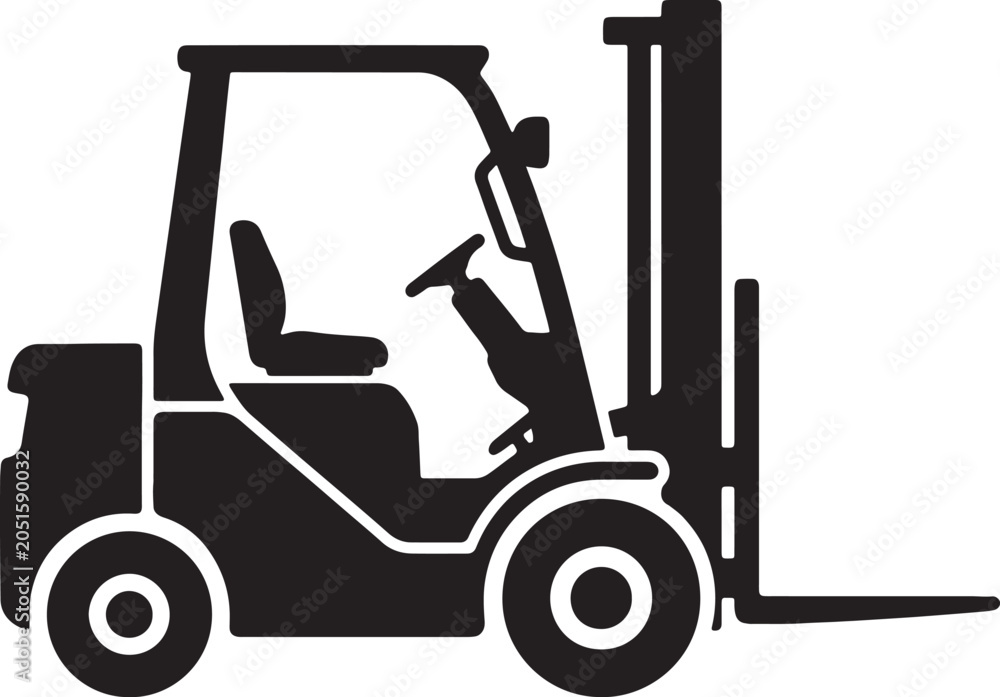 Fototapeta premium Black and white silhouette of an industrial forklift truck, side view isolated on a white background, for warehouse also, transparent background