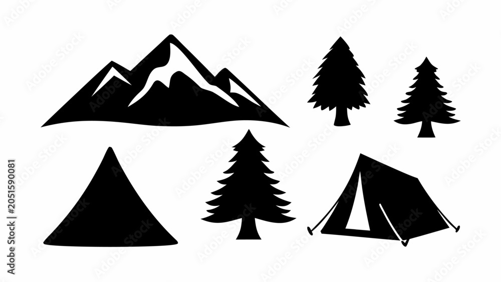 Fototapeta premium Black silhouettes of mountains, trees, and a tent