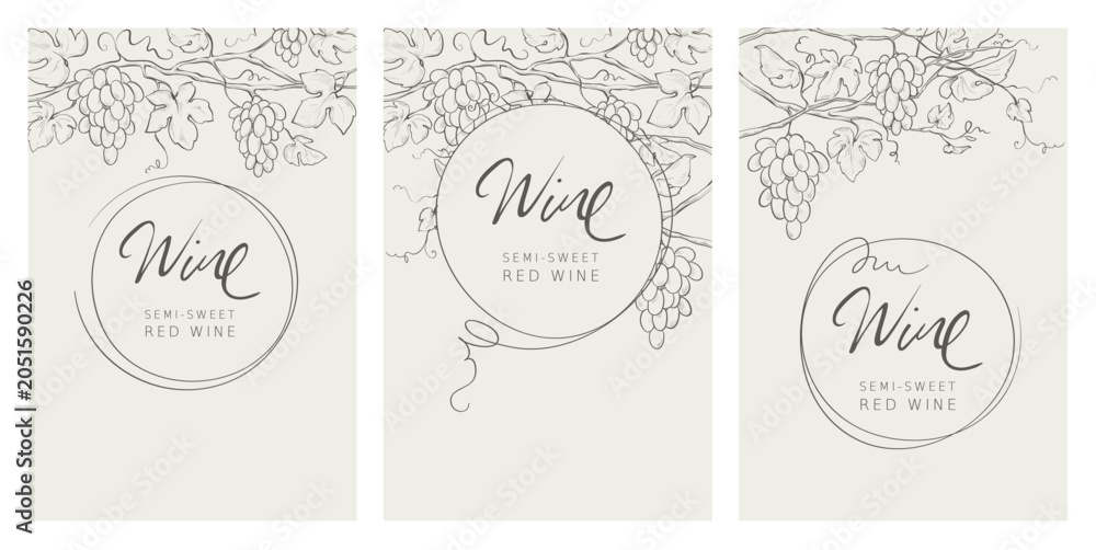Obraz premium Collection labels for wine. Graphic vector illustration, sketch with bunches of grapes in lines, author's hand drawing.