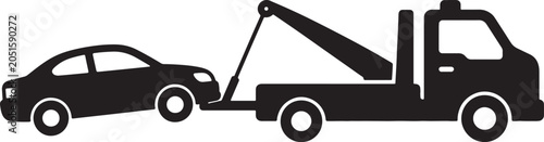 Foto Black silhouette of a tow truck carrying a sedan car isolated on a white backgro