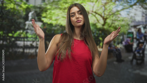 Canvastavla Woman showing raised hands and bare forearms with palms up in street near fountain and benches; casual indifference doubt