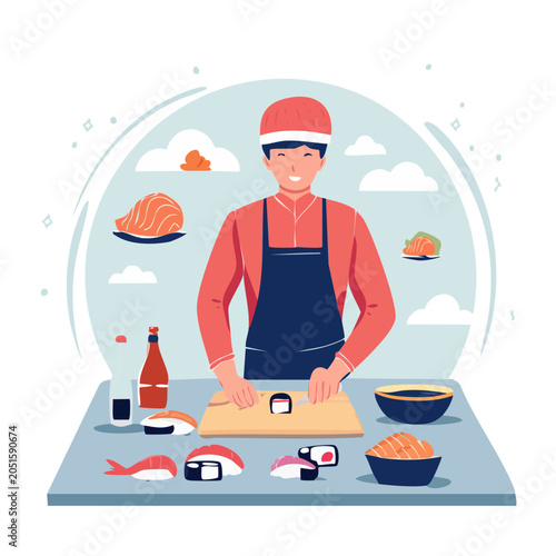 Sushi chef preparing food in flat design style