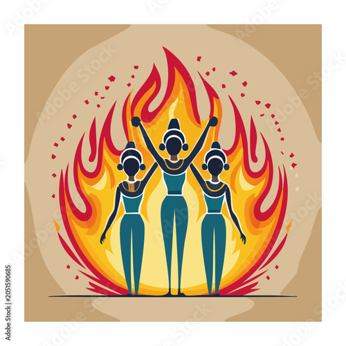 Three women with arms raised in front of a large fire