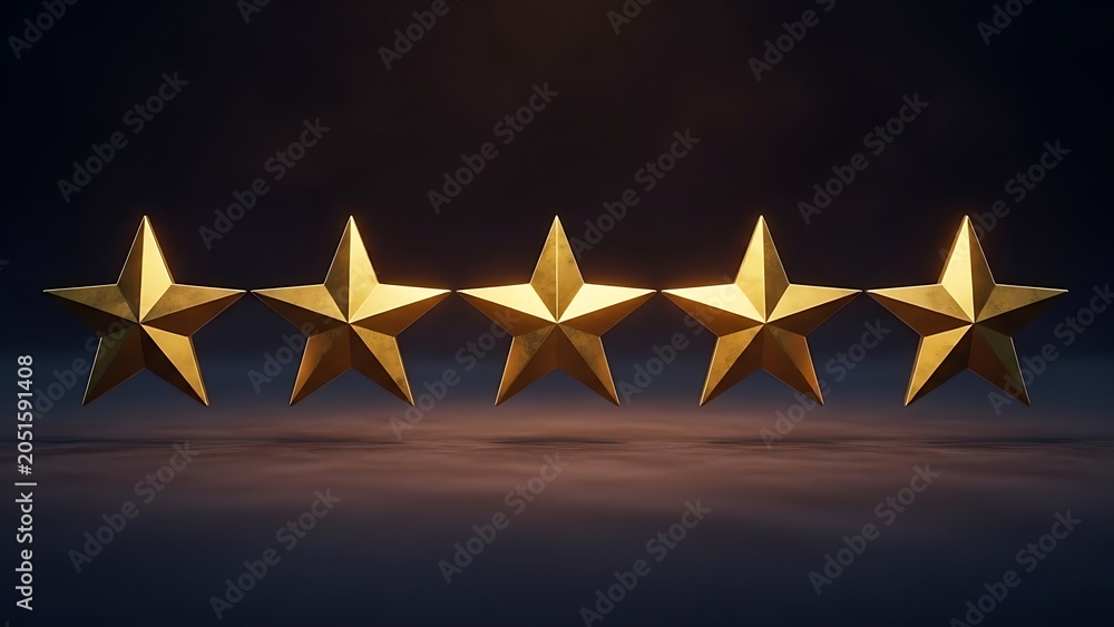 Fototapeta premium Five golden stars representing a top rating or customer service excellence displayed against a dark cinematic blurred background setting