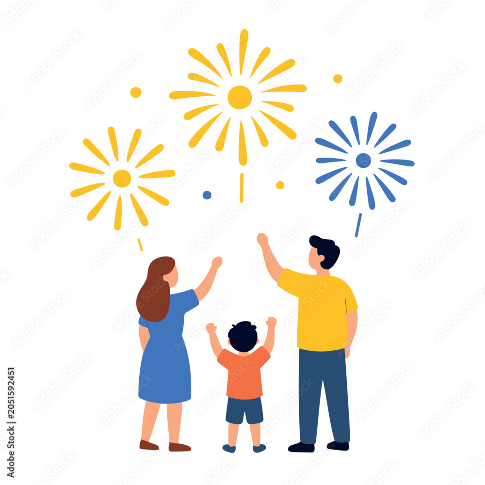 Fototapeta premium Family enjoys a fireworks display with bursting stars in the night sky
