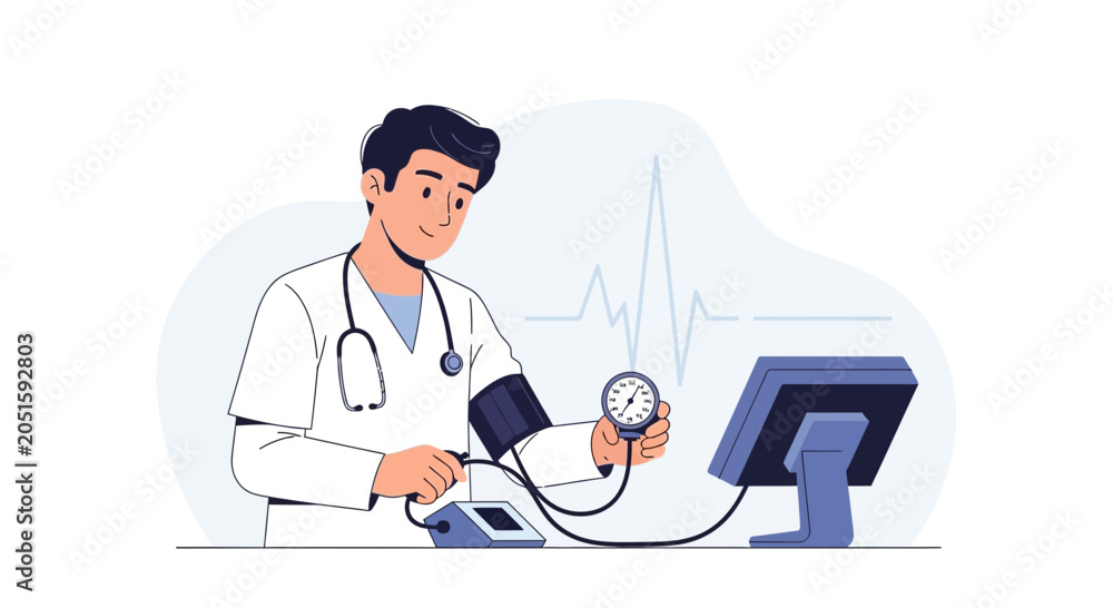 Fototapeta premium Doctor checking blood pressure with sphygmomanometer and monitor in clinic, modern medical illustration