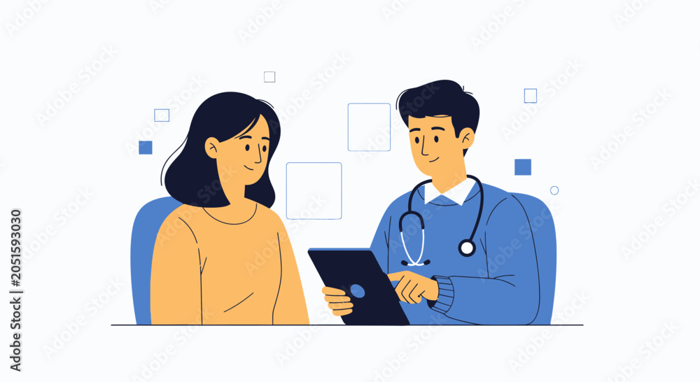 Obraz premium Doctor consulting patient, discussing medical results on a tablet, modern flat illustration with healthcare concept