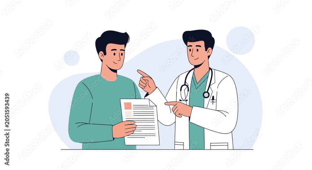 Fototapeta premium Doctor explaining medical results to a patient with a document in a modern flat vector illustration style.