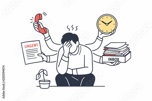 Overwhelmed man with multiple arms juggling tasks and deadlines stress multitasking