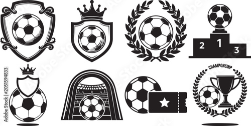 Black and white soccer icons with various symbols and trophies