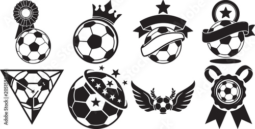 Black and white soccer ball icons with various decorative elements