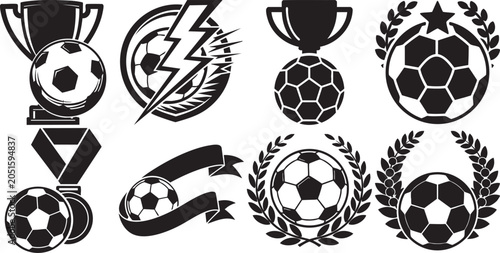 Black and white soccer icons with trophies and laurel wreaths